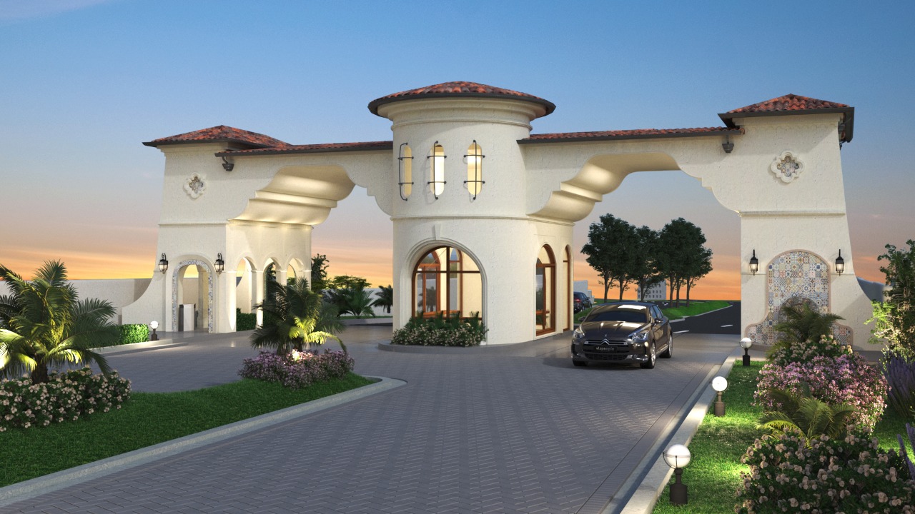 Stunning entry arch at Ruby Hills, luxury Spanish villas on the airport road