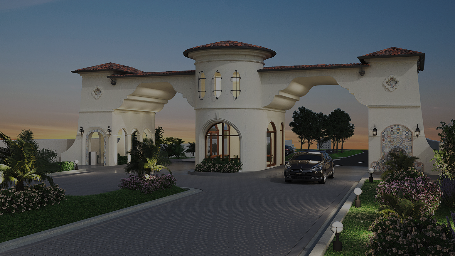 Stunning entry arch at Ruby Hills, luxury Spanish villas on the airport road