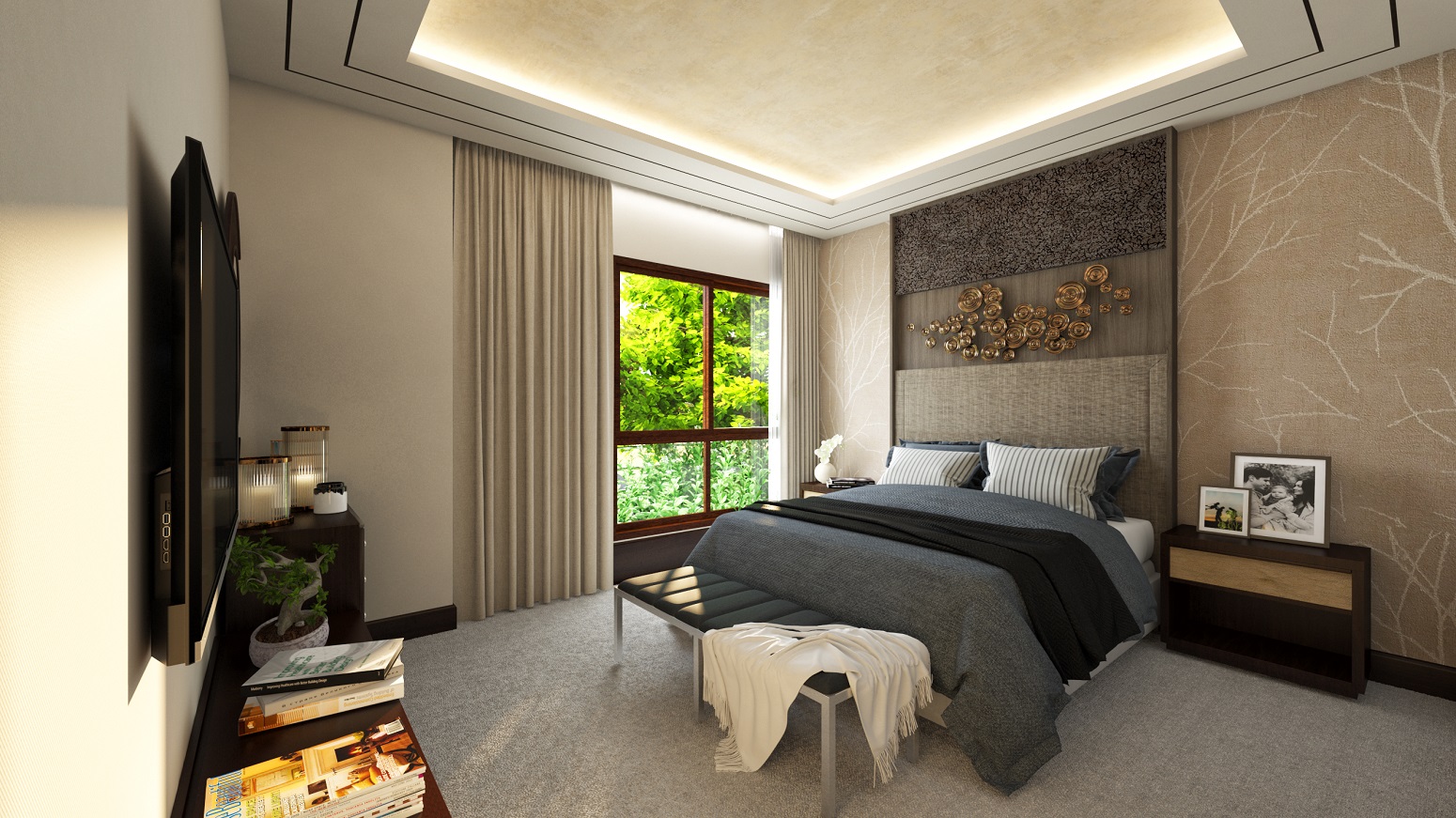 A luxurious bedroom with a green view at The Treeline, ultra-luxury apartments, Jakkur plantation